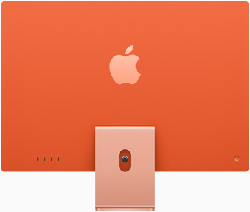Narancsszínű iMac hátoldala, közepén, az állvány felett az Apple logóval