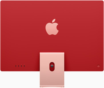 Rózsaszín iMac hátoldala, közepén, az állvány felett az Apple logóval