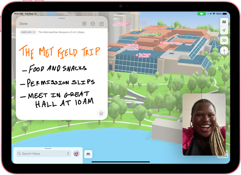 Швидка нотатка на Картах з мініатюрою FaceTime на iPad.