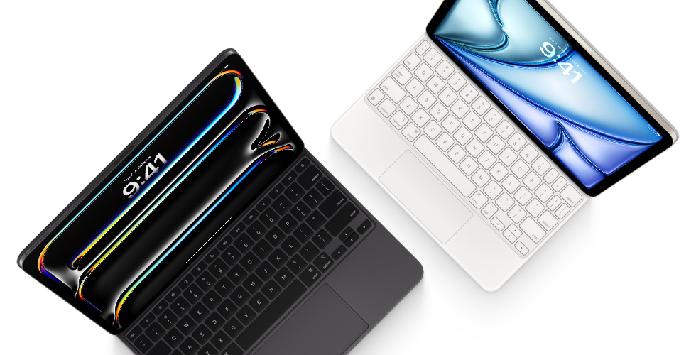 Draufsicht auf das iPad Pro, befestigt am Magic Keyboard für iPad Pro in Schwarz, und das iPad Air, befestigt am Magic Keyboard in Weiss.