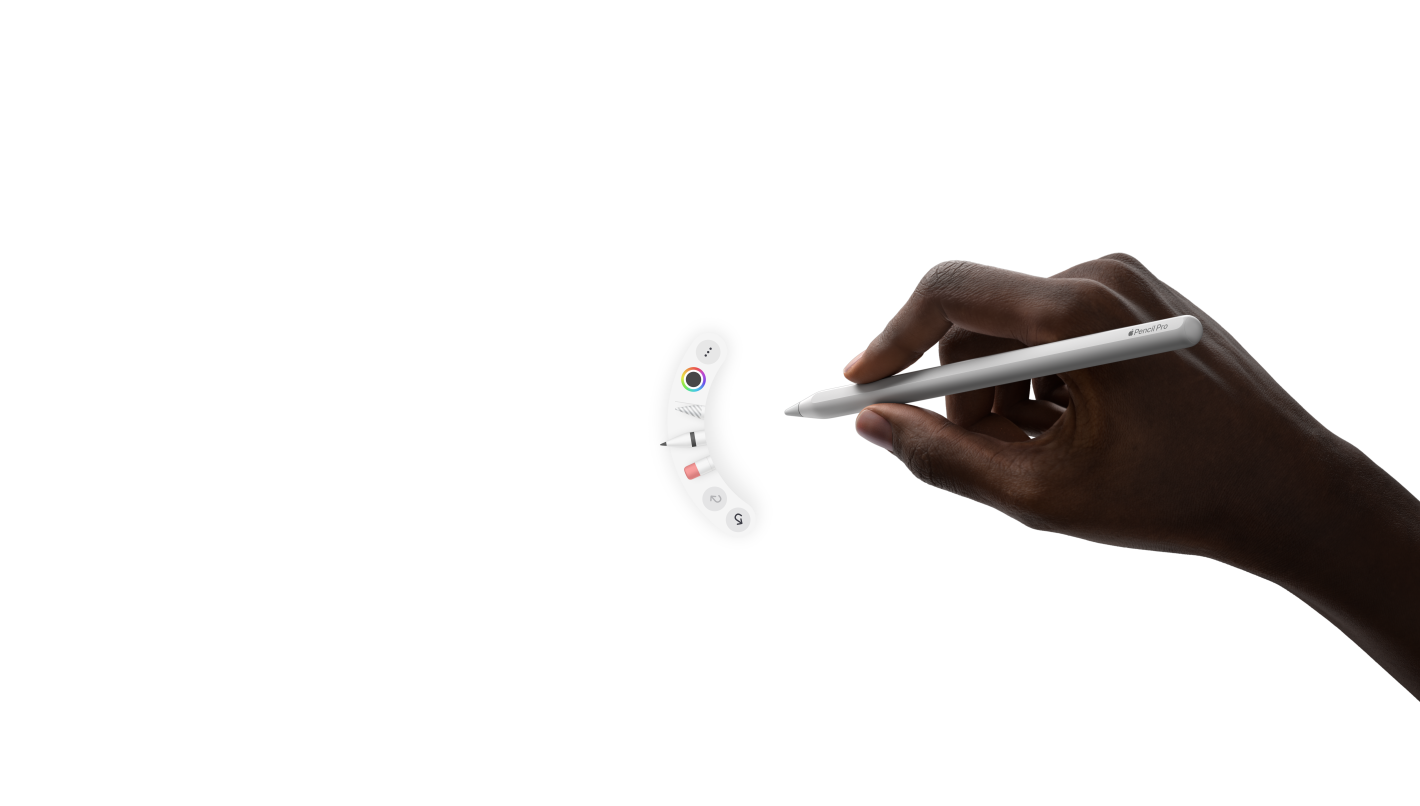 Apple Pencil Pro a mostrar a funcionalidade Apertar que faz surgir a nova paleta