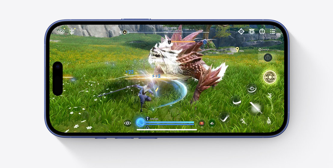 A horizontal iPhone 16 Pro displays a scene from the Infinity Nikki video game.