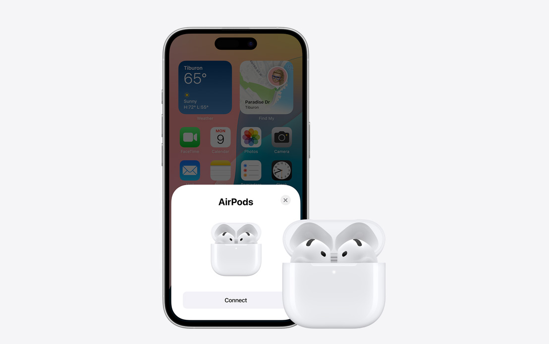 Znázornění jednoduchého připojení AirPodů k iPhonu jedním klepnutím.