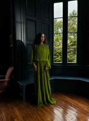 Foto tomada en 24 mm de una mujer con un vestido verde