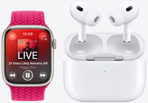 Apple Watch Series 9 reproducira pjesmu pored slušalica AirPods Pro.