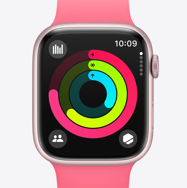 Un Apple Watch Series 9 muestra la app Actividad con el progreso de una persona en sus círculos de Moverse, Ejercicio y Pararse.