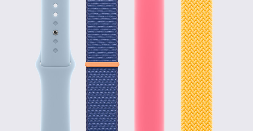 Diferentes correas para el Apple Watch acomodadas de forma vertical una al lado de la otra.