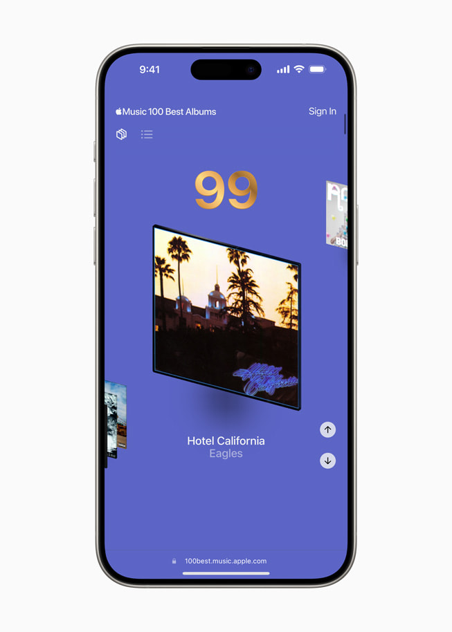 iPhone 15 Pro 显示百大最佳专辑特设网页上排名第 99 的专辑：Eagles 的《Hotel California》。