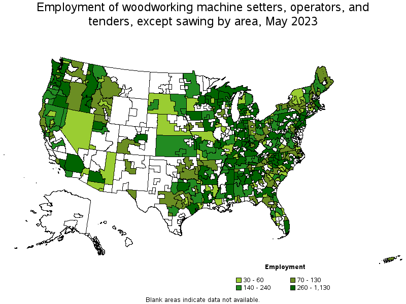Map of employment of woodworking machine setters, operators, and tenders, except sawing by area, May 2023