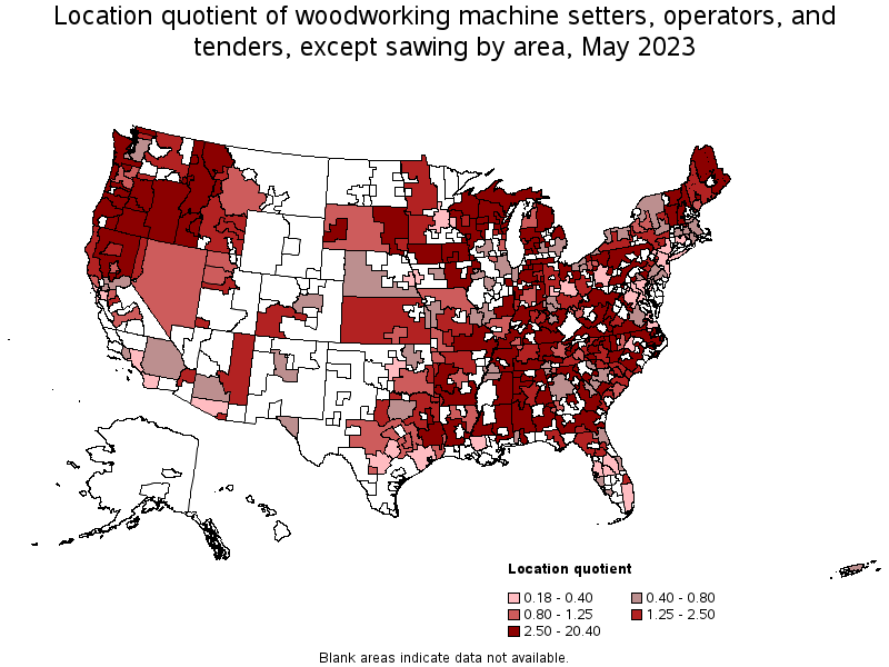 Map of location quotient of woodworking machine setters, operators, and tenders, except sawing by area, May 2023