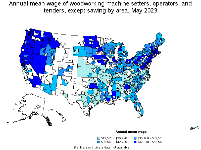 Map of annual mean wages of woodworking machine setters, operators, and tenders, except sawing by area, May 2023