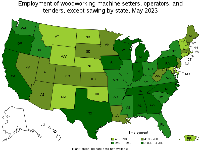 Map of employment of woodworking machine setters, operators, and tenders, except sawing by state, May 2023