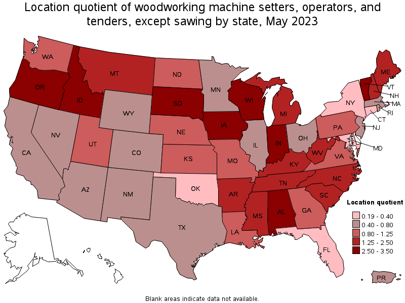 Map of location quotient of woodworking machine setters, operators, and tenders, except sawing by state, May 2023