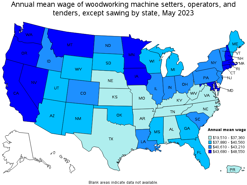 Map of annual mean wages of woodworking machine setters, operators, and tenders, except sawing by state, May 2023
