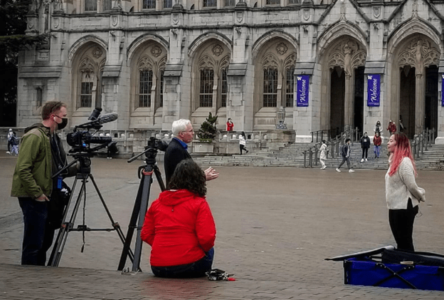 News crew on Red Square in Seattle.