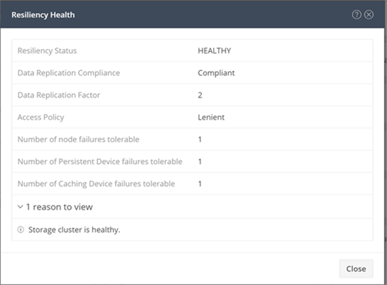 Resiliency health information showing that the cluster is healthy and can tolerate failures