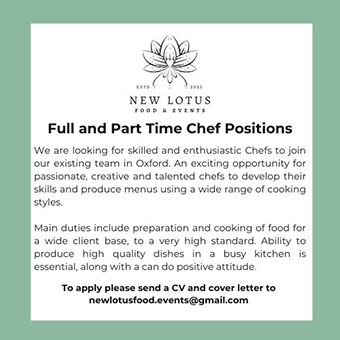 New Lotus Food and Events seeks Full and Part Time Chef Positions 