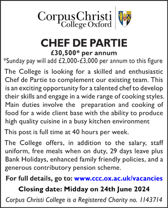 Corpus Christi College seeks Chef de Partie