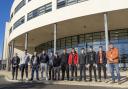 Sharne Tallon, Max Williams, Alex Singleton, Jake Churchill, Bobby Cooper, Cameron Carr, Jamie Hutchinson, Anthony Davies, Lewie Brown, Louie Godfrey, Max Fish and Hartlepool College tutor Harry Garraghan outside Hartlepool College