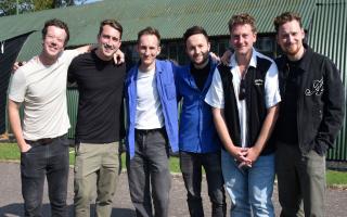 Masters of the Air actors at Thorpe Abbotts 100th Bomb Group Memorial Museum. From left, Bailey Brook, Johnny Haliwell, Michael James, Ian Dunnett, Josh bolt, and Louis Greatorex.