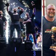 Kane Francis on top of the England's Strongest Man podium and backstage with fiancée Olivia