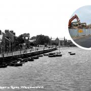 Weymouth’s North Quay as an open space with boats for hire on the backwater and, inset, the razed municipal offices