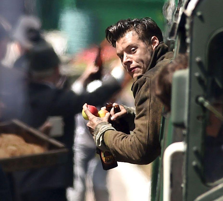 Harry Styles filming Dunkirk at Swanage Railway station. Pictures: Finnbarr Webster