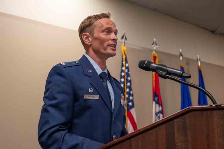 U.S. Air Force Lt. Col. Jonathan Hassell, 57th Fighter Squadron commander, speaks during a ceremony for the reactivation of the 85th Fighter Group and 57th Fighter Squadron at Ebbing Air National Guard Base, Arkansas, on July 2, 2024. Hassell emphasized the successes and teamwork by the deactivated 33rd FW Detachment 1, who continue their efforts in preparing flying operations for the F-35A and Foreign Military Sales program.