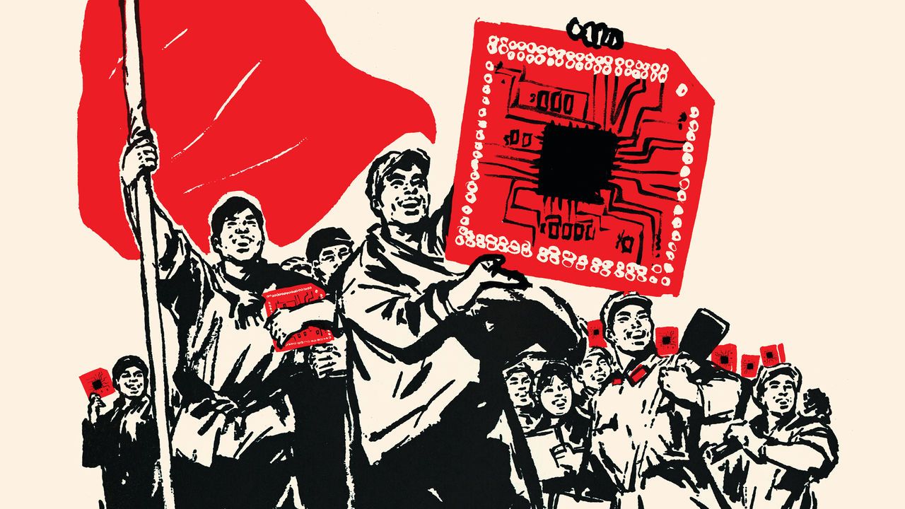 Illustration of a group of people marching joyfully, holding flags high, and carrying a massive electronic chips.