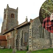 St Mary's Church, at Shotesham, and (inset) Raz Woollacott