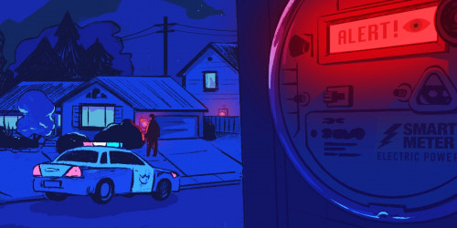 A smart meter alert glows red while cops approach a suburban home