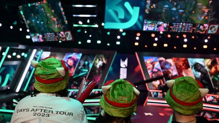 Des spectateurs suivent la compétition d'esport entre l'équipe française Vitality et le SK Gaming lors du championnat League of Legends EMEA aux Riot Games Arena studio à Berlin-Adlershof, en Allemagne, le 11 mars 2024. (RALF HIRSCHBERGER / AFP)