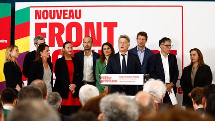 Les leaders du Nouveau Front populaire lors de la pr"éentation de l'union de la gauche pour les élections législatives, le 14 juin 2024. (MOHAMMED BADRA / EPA)