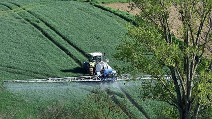 Un agriculteur pulvérise des produits chimiques pour traiter ses champs de blé. Photo d'illustration. (REMY GABALDA / AFP)