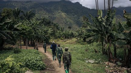 Des soldats congolais patrouillent dans la région de Rwenzori (République démocratique du Congo), le 23 mai 2021, après une attaque du groupe armé ADF.&nbsp; (ALEXIS HUGUET / AFP)