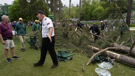 Un des trois arbres tombés sur une zone spectateurs autour du 17e trou durant le 2e tour du Masters d'Augusta, le vendredi 7 avril 2023 (MARK BAKER / AP)