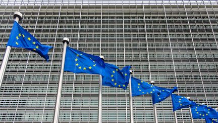 Les drapeaux européens flottent devant la Commission, à Bruxelles (Belgique) le 30 mai 2024. (SANDRA UITTENBOGAART / ANP MAG  AFP)