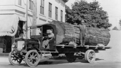 Black and white photo of early Kenworth logging truck