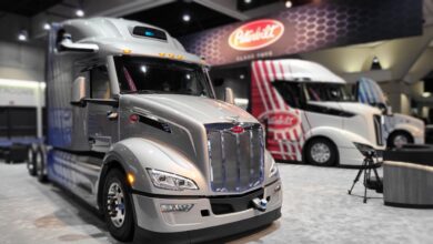 Peterbilt trucks on display at the American Transportation Associations management conference and exhibition in October 2022.