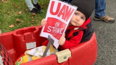 Infant with strike sign in wagon