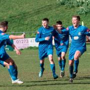 Harrow Borough celebrate George McCluskey's winner at Lewes. Picture: Bruce Viveash