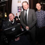 Stephen Hawking with Saxtys owner Edward Symonds (middle) and general manager Joe Williams (right)