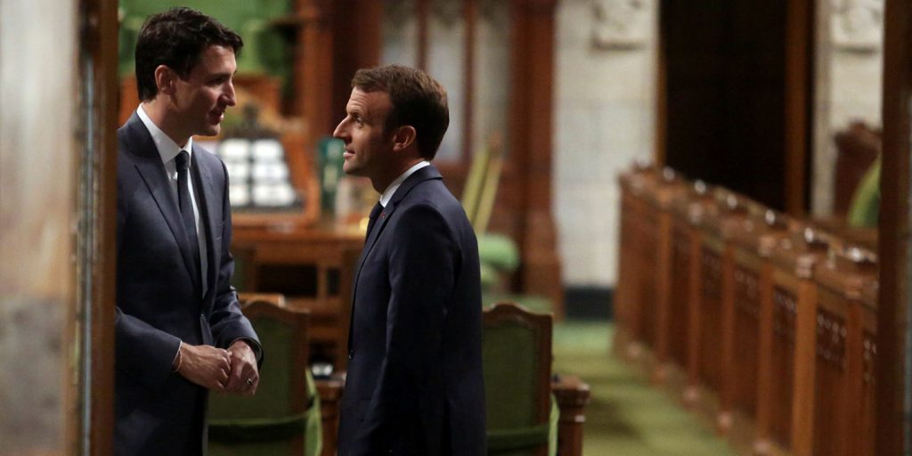 Prime Minister Justin Trudeau welcomes French President Emmanuel Macron to Centre Block on June 7, 2018. Macron and other world leaders will convene at the G7 Summit in Charlevoix, Que, later in the week.