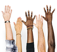 A montage of four people's hands