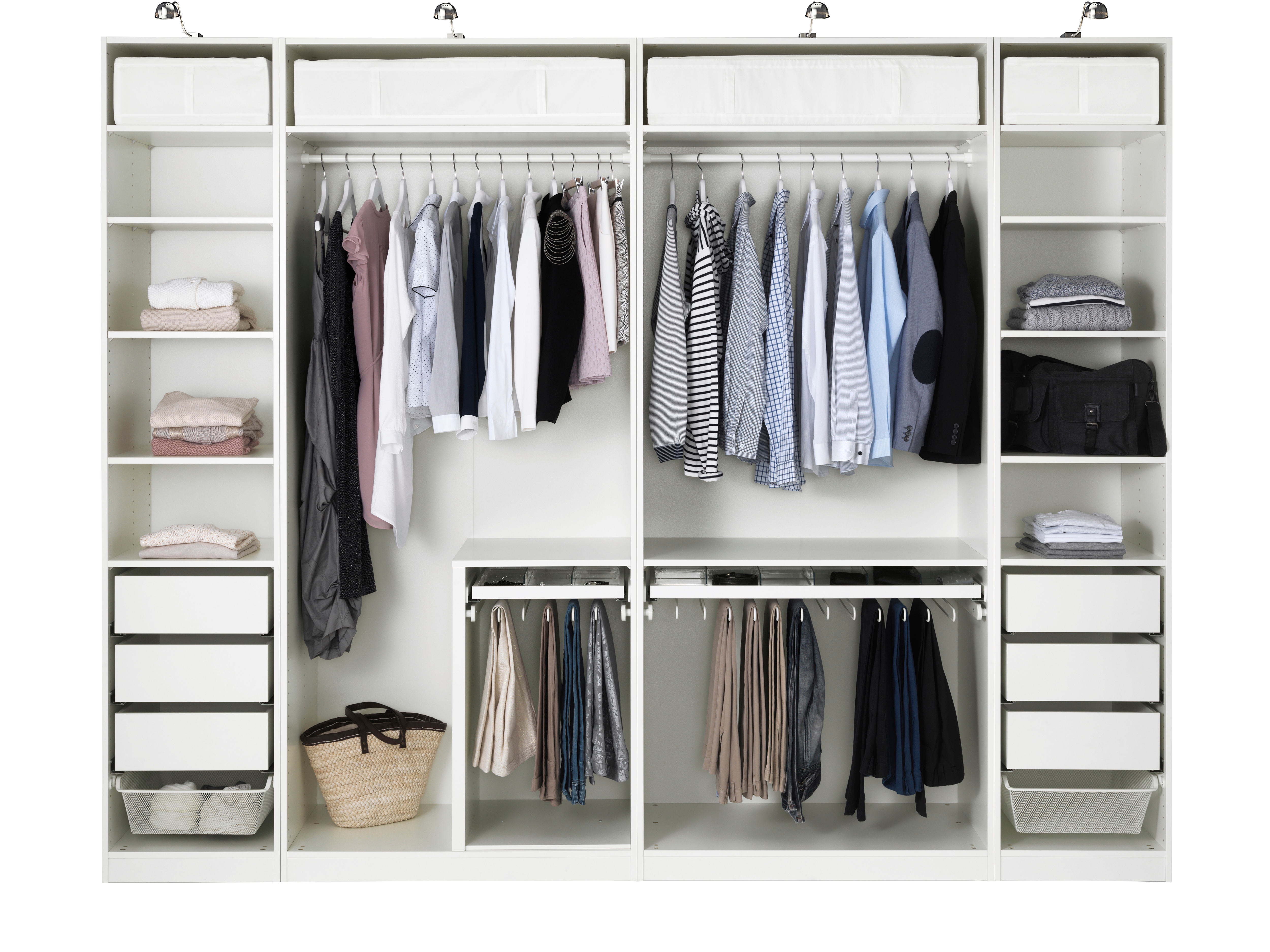 A white PAX wardrobe with various shirts and pants hanging in it