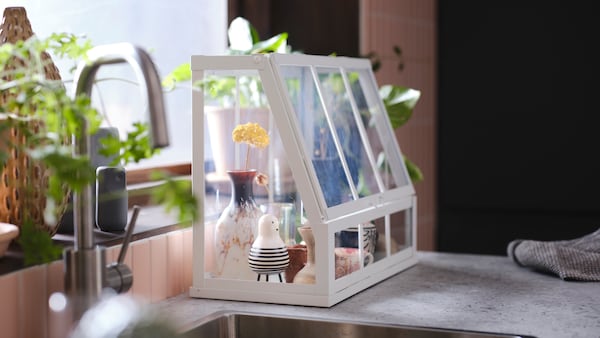 A white ÅKERBÄR greenhouse with a flower in a vase and various other items inside, on a kitchen countertop by a window.