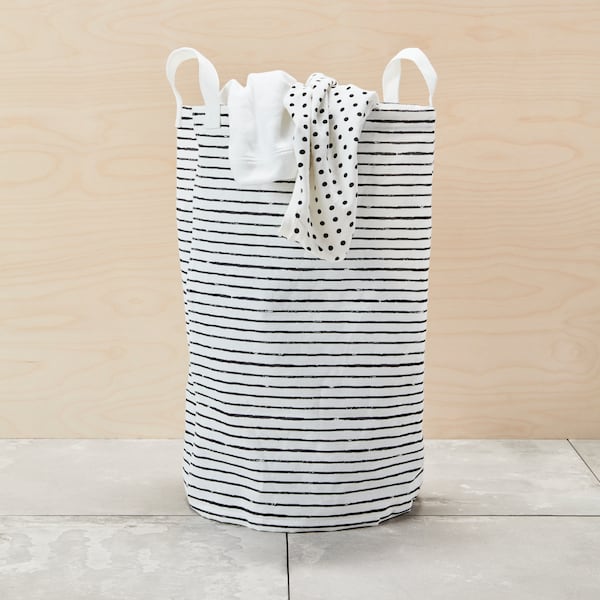 A striped laundry basket.