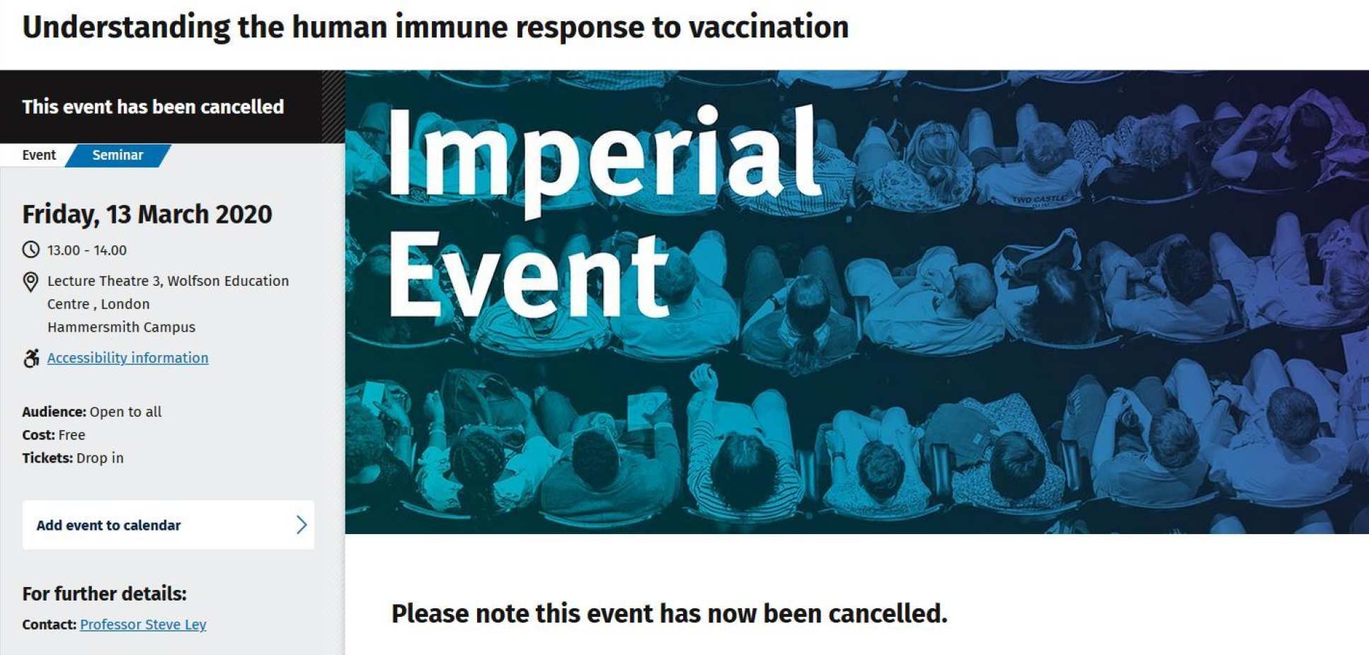 An example of the event cancelled banner on an Imperial event page