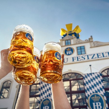 three people holding up steins of Hofbräu beer