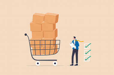 graphic of business person with a shopping cart and a check list